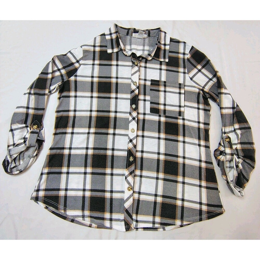 Just Be Plaid Button Up Shirt Roll Tab Black White Tan Grunge Western Alt Sz L